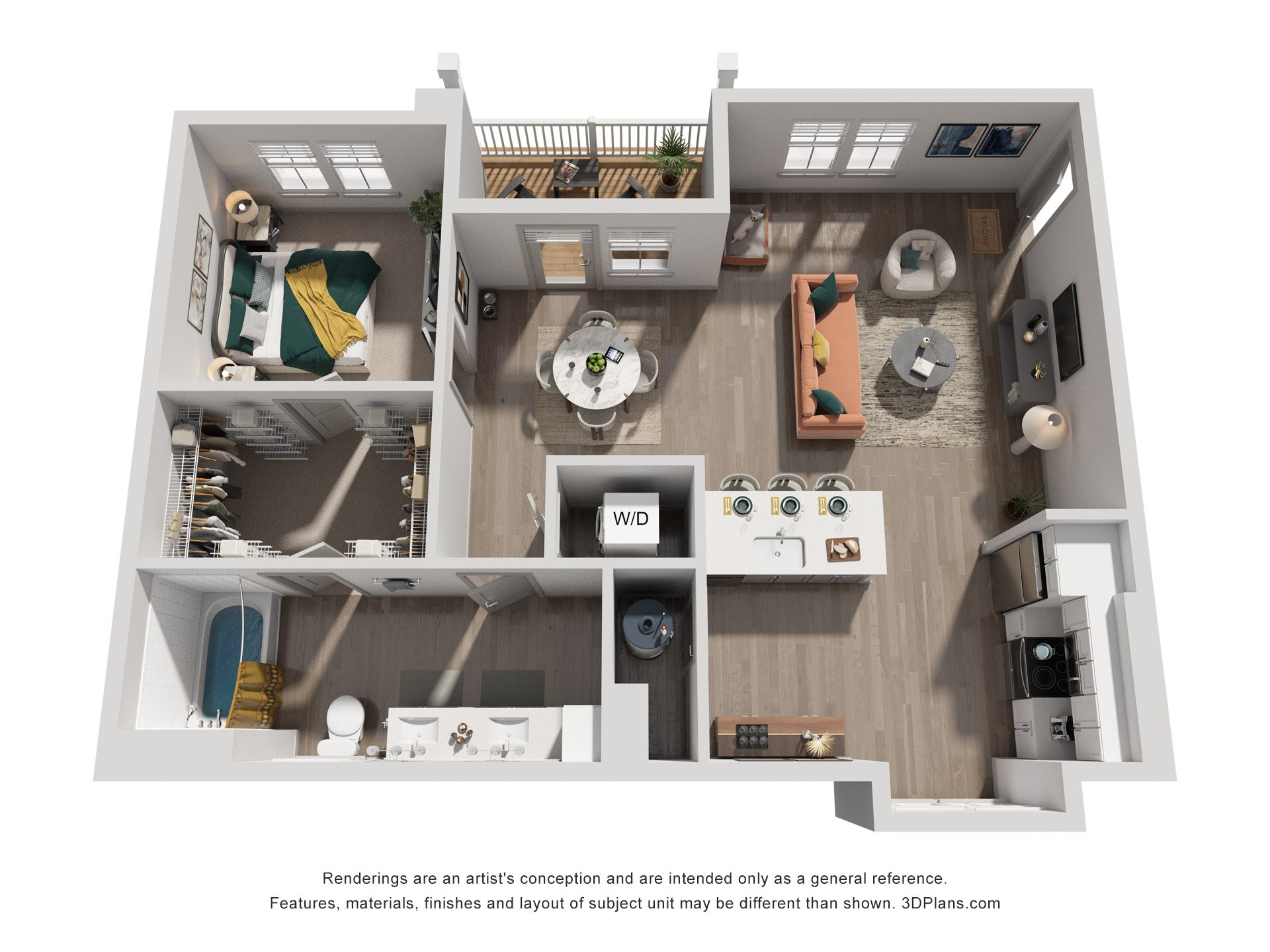 Floor plan for 1 bed, 1 bath, 834 sqft